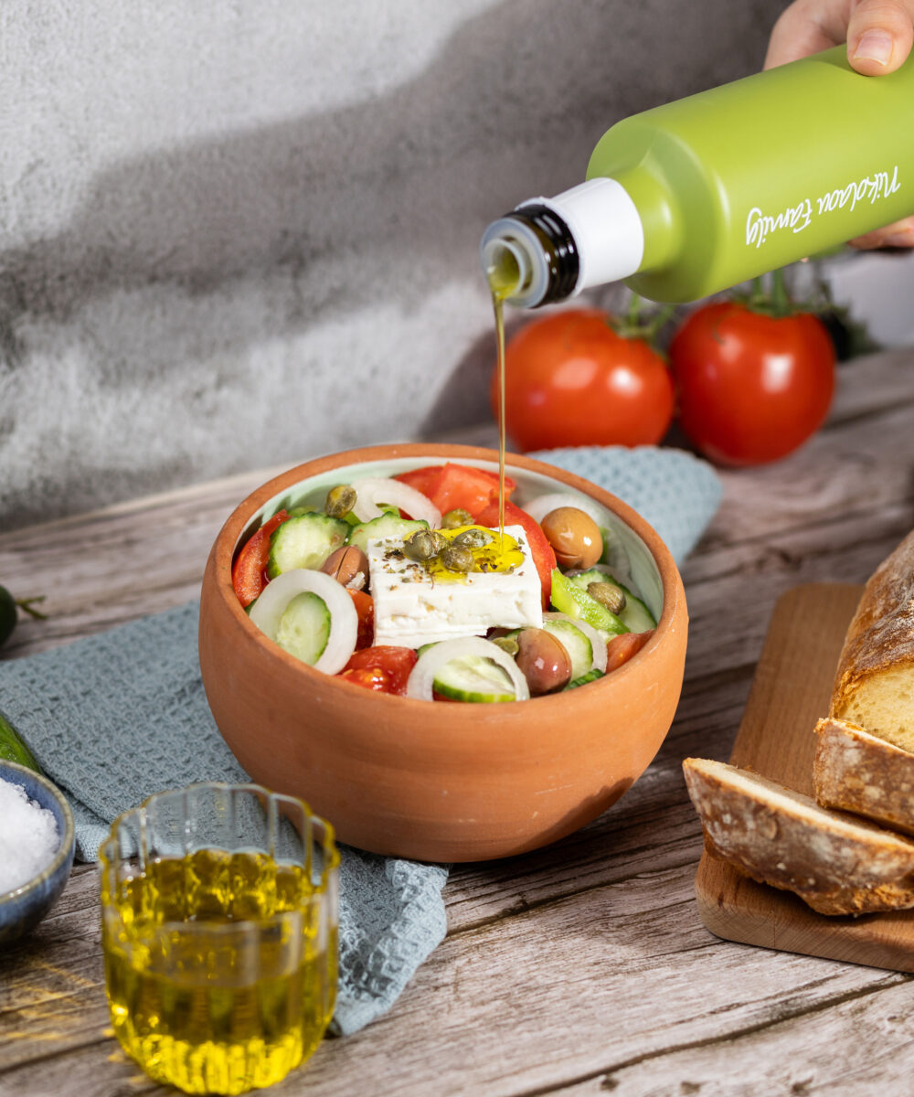 greek salad with first harvested olive oil and fresh bread